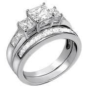 MABELLA 2.01Carat TCW Three Stone Princess Cut CZ 925 Sterling Silver Wedding Rings Bridal Set